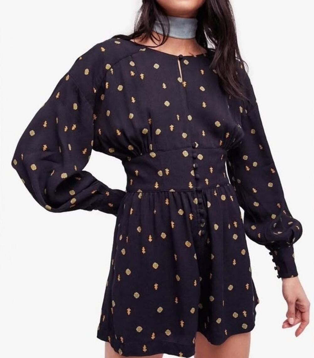 NWT Free People Love Grows Front‎ Button Long Sleeve Romper Black Floral
